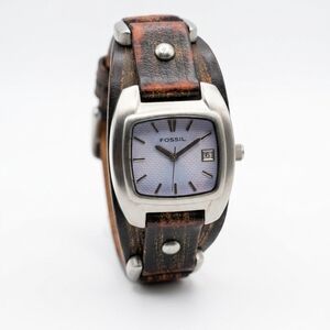 Vintage Fossil Lavender Dial Square Face Leather Cuff Womens Watch